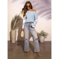thumbnail image 5 of Womens Casual Checkered Color Block Sweaters Crew Neck Long Sleeve Cropped Knit Pullover Blue L, 5 of 9