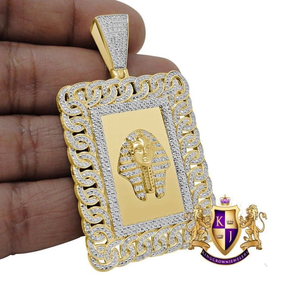 Real Genuine Diamond Egyptian King Tut Pharaoh Pyramid Pendent Charm 10K Gold Finish 2.50''
