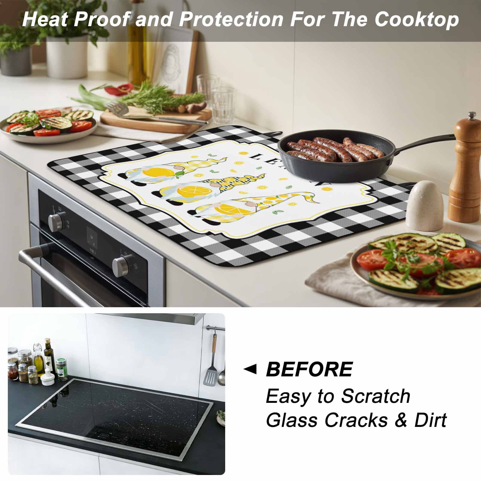 Summr Lemon Gnomes Stove Top Cover for Electric Stove, Heat-proof & Non Slip Glass Top Stove Cover Protector, Farmhouse Rustic Black Plaid Kitchen Flat Cooktop Rubber Mat 24x21 Inches