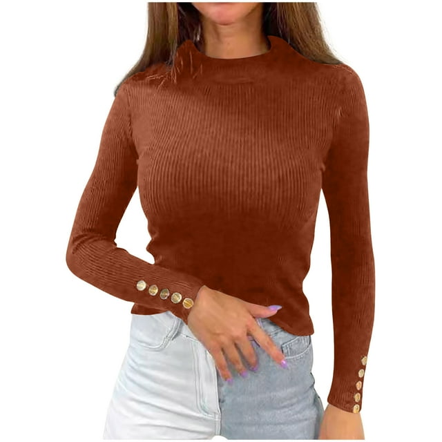 Cameland Pull Tricoté à Manches Longues pour Femmes, Couleur Unie, Col Haut