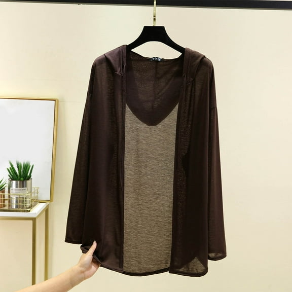 Elvqul Womens Hooded Cardigans Plus Size Casual Sweaters Brown Solid Color Long Sleeve Thin Lightweight Coats for Women Fall