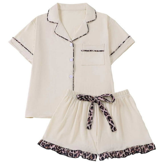 Yuanlong Womens Pajama Set 2Pcs Short Sleeve Buttoned Shirt & Leopard Ruffled Hem Shorts Sleepwear Valentine Stylish Loungewear