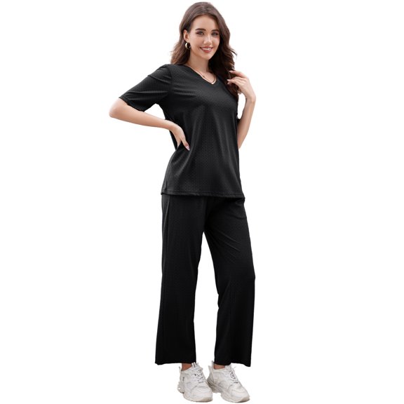 HEARTNICE Women Pajama Sets, Lightweight Short Sleeve Sleepwear Loungewear Top and Long Pants with Pockets,(Black,L)