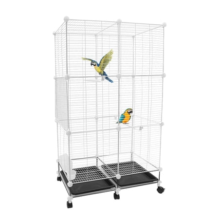 3 Tier Wrought Iron Bird Cage, Large Bird Cage Parakeet Cage with Cup, Bowl, Trays, Rods and Wheels, for Canaries, Parrots, Sparrows (White, Black)