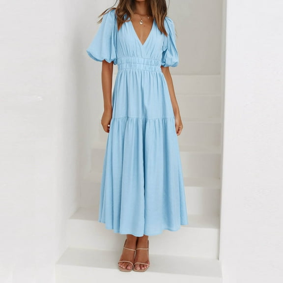 Women's Summer Casual Short Sleeve V Neck Swing Dress Casual Flowy Tiered Maxi Beach Dress Women Junior Dresses Dress Woman Dress Casual Short Button Front Dresses Swing Party Dresses for Women Cute