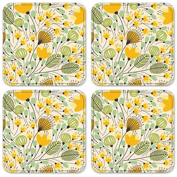 Vinyl Drink Coasters - Set of 4 - Yellow Flower Toss