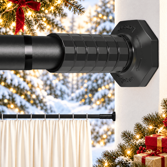 VEGCOO Tension Curtain Rod 51-148 Inches, Heavy Duty No Drill Adjustable Rod , Shower Curtain Rod No Drilling for Bathroom Easy to Install, Black