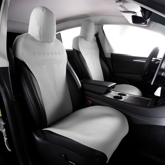Ikon Motorsports Seat Cover Cushions Compatible With 2017-2023 Tesla Model 3, V2 Style White Suede Leather 1st 2nd Row 5-Seat Seat Cover Cushion Protectors