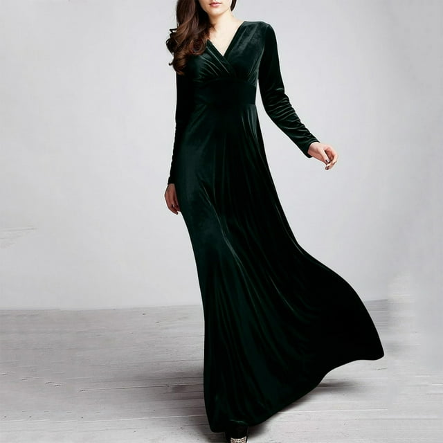 Women‘s Autumn And Winter Gold Velvet V-Neck Solid Color Long-Sleeved Party Dress