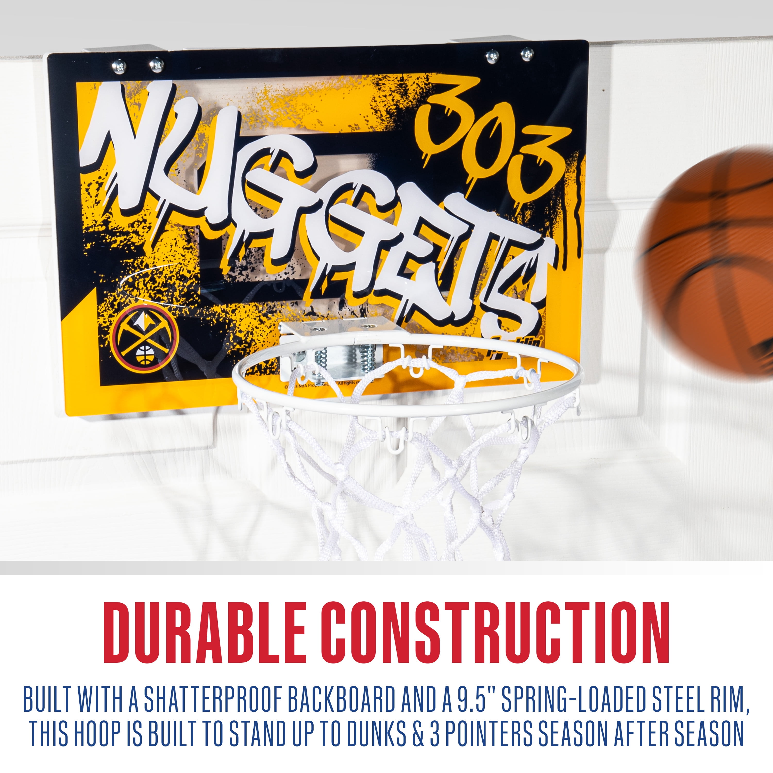 Franklin Sports NBA Denver Nuggets Over the Door Basketball Hoop - Kids Indoor Basketball Hoop with Mini Basketball - NBA Fan Shop Mini Hoop for Bedroom + Office - Over the Door Mini Hoop Set
