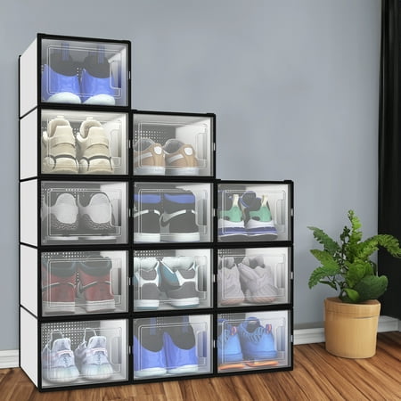 Dextrus 12PCS Shoe Box Stackable Closet Storage Container Hard Plastic Sneaker Organizer Big White Large High Heels