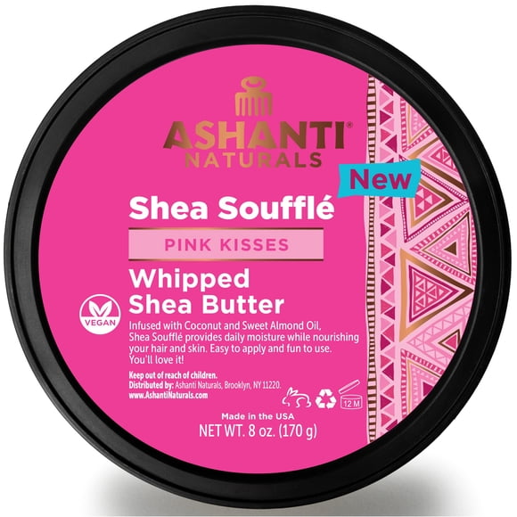 Ashanti Naturals Manteca de karité batida perfumada para la piel | Mantequilla corporal africana para mujeres con aceite de almendras y coco (Soufflé de besos rosados, 8 oz)
