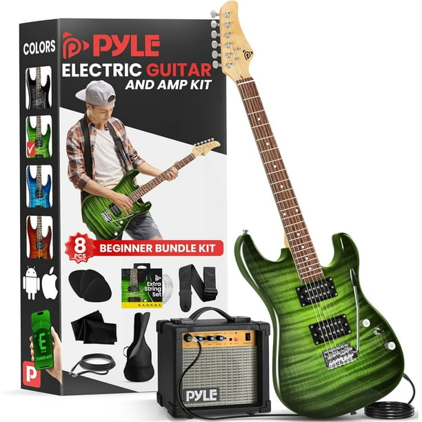 Pyle Kit de Guitarra Eléctrica con Amplificador, Instrumento de Tamaño Completo con Pastillas Humbucker, Amplificador de Guitarra y Accesorios para Principiantes, 39" Verde