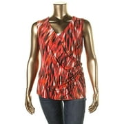 Calvin Klein Womens Plus Surplice Faux Leather Trim Pullover Top