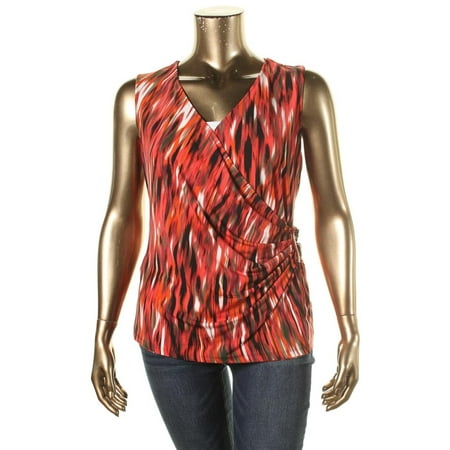 Calvin Klein Womens Plus Surplice Faux Leather Trim Pullover Top