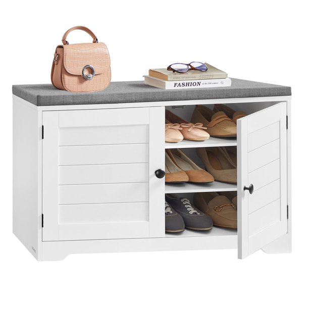 Banco Zapatero de 3 Niveles con Estantes Ajustables Puertas y Cojín 35,5 x 81 x 52,5 cm Blanco Nube y Gris Paloma