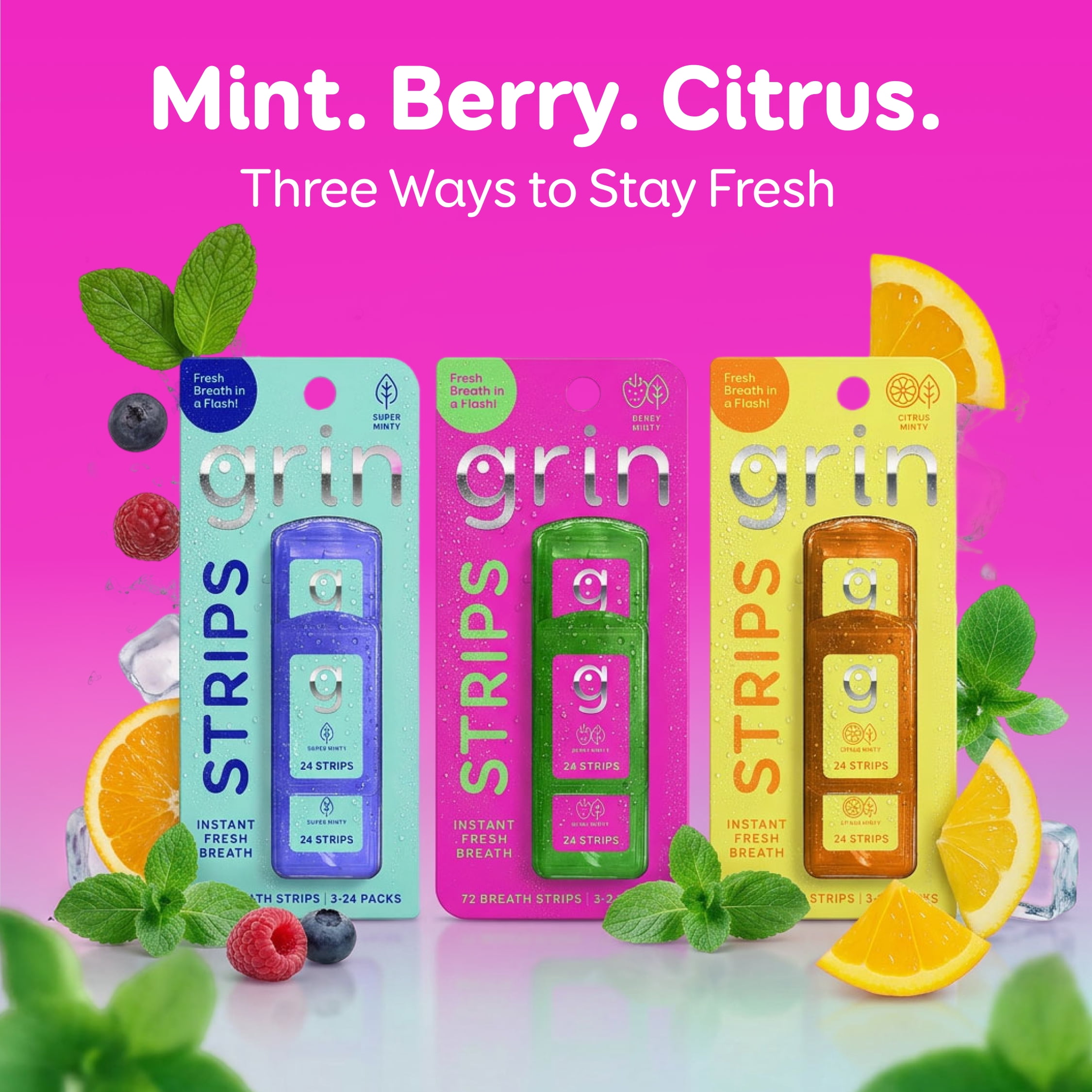 Grin Strips Breath Strips, Berry Minty, Instant Fresh Breath, Dissolves Instantly on Your Tongue, Sugar-free and Calorie-free, No Artificial Colors, 72 Breath Strips (3-24 Packs), Pocket-Sized Pack