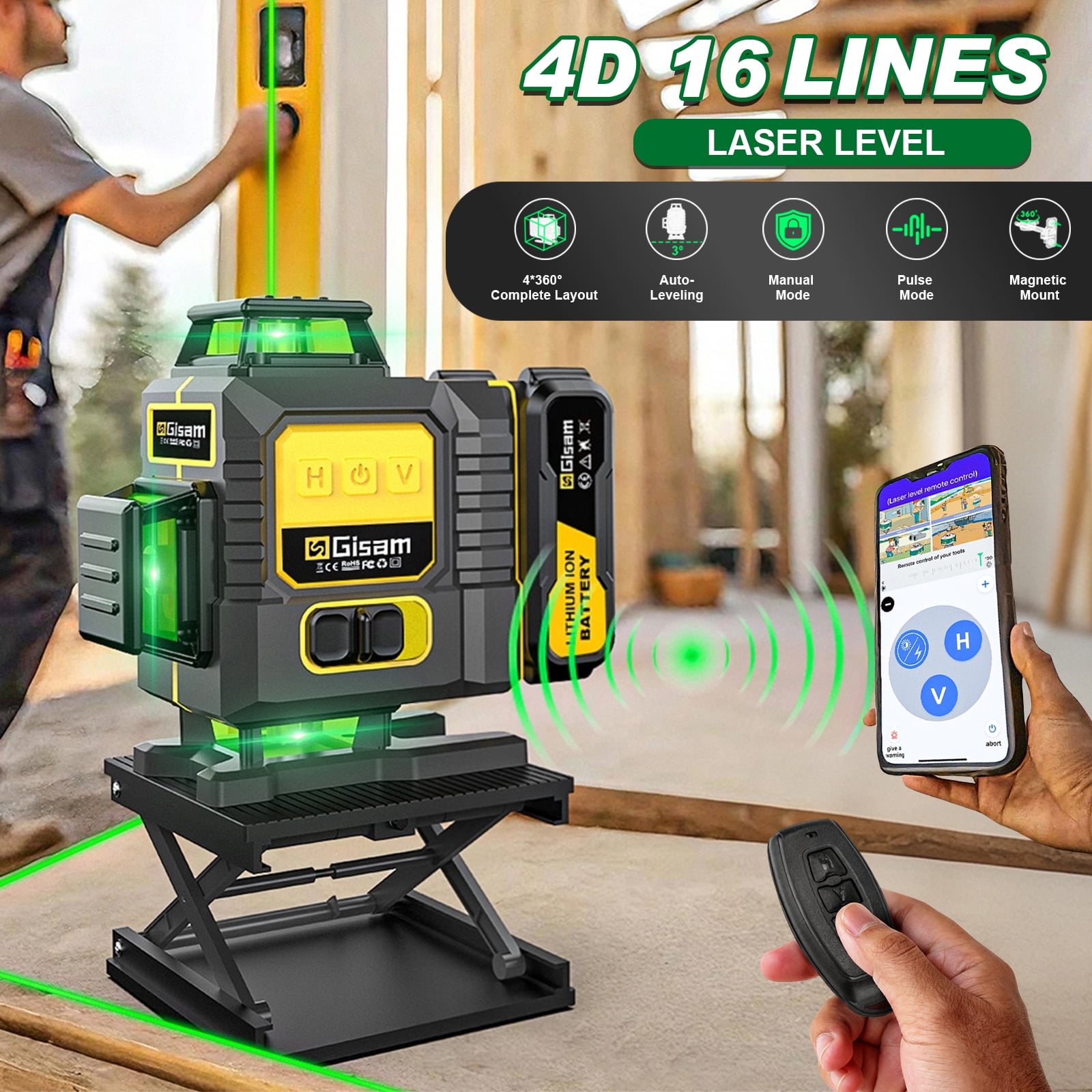Gisam Laser Level,  4x360° Self-Leveling Green Cross Line 4D 16 Lines Laser  Metal Window Tool with Remote Control , 2* 4800mAh Battery, Magnetic & Liftable Bracket
