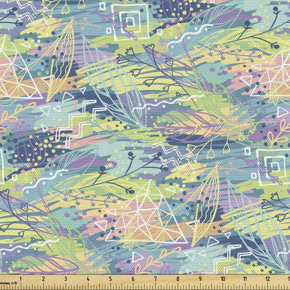 Abstract Fabric by the Yard Upholstery, Modern Quirky Colorful Random Brush Strokes Stripes and Leaves Geometric Drawing, Decorative Fabric for DIY and Home Accents, Multicolor by Ambesonne