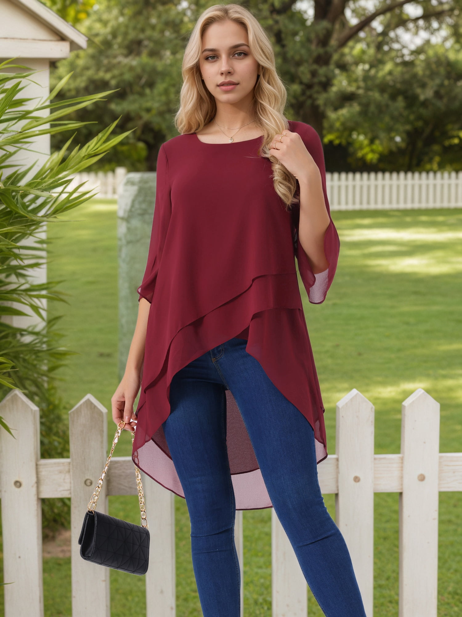 DARING DIVA Women's 3/4 Sleeve High Low Hem Scoop Neck Chiffon Blouses S Wine Red