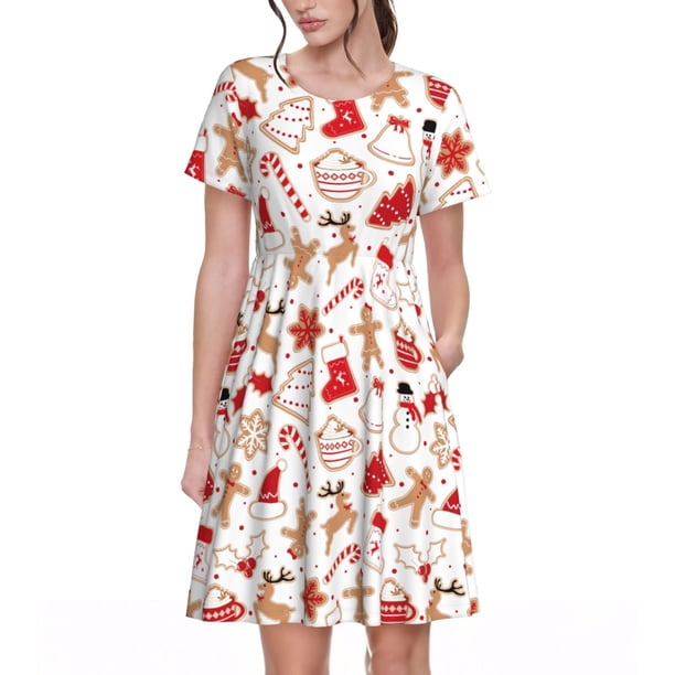 Easygdp Gingerbread Holiday Sweets para Vestido Transpirable de Mujer, Vestido Suelto de Manga Corta con Pliegues y Bolsillos para el Verano