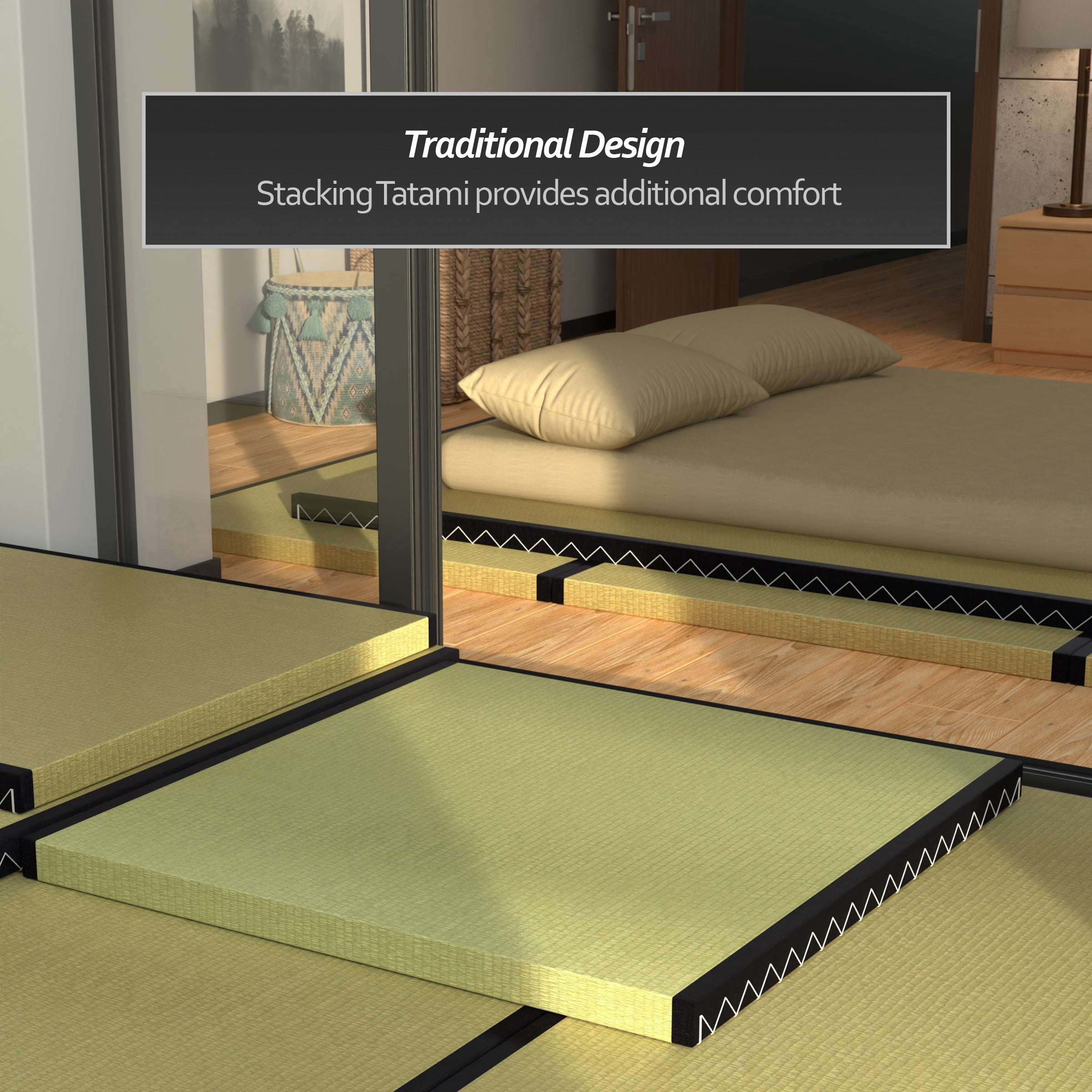 Oriental Furniture Queen Size Tatami Mat, Traditional Japanese  Rush Grass Natural Color Flooring, 2.00"H