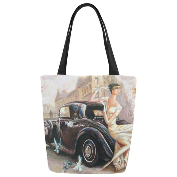 ASHLEIGH Lady Girl Retro Car Canvas Tote Bag Shoulder Handbag Grocery Bag for School Shopping Travel