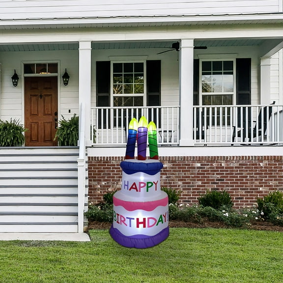 Fraser Hill Farm 5-ft. Tall Happy Birthday 2-Tier Cake with 4 Faux Candles Outdoor Blow-Up Inflatable with Lights FHINBDCAKE051-L