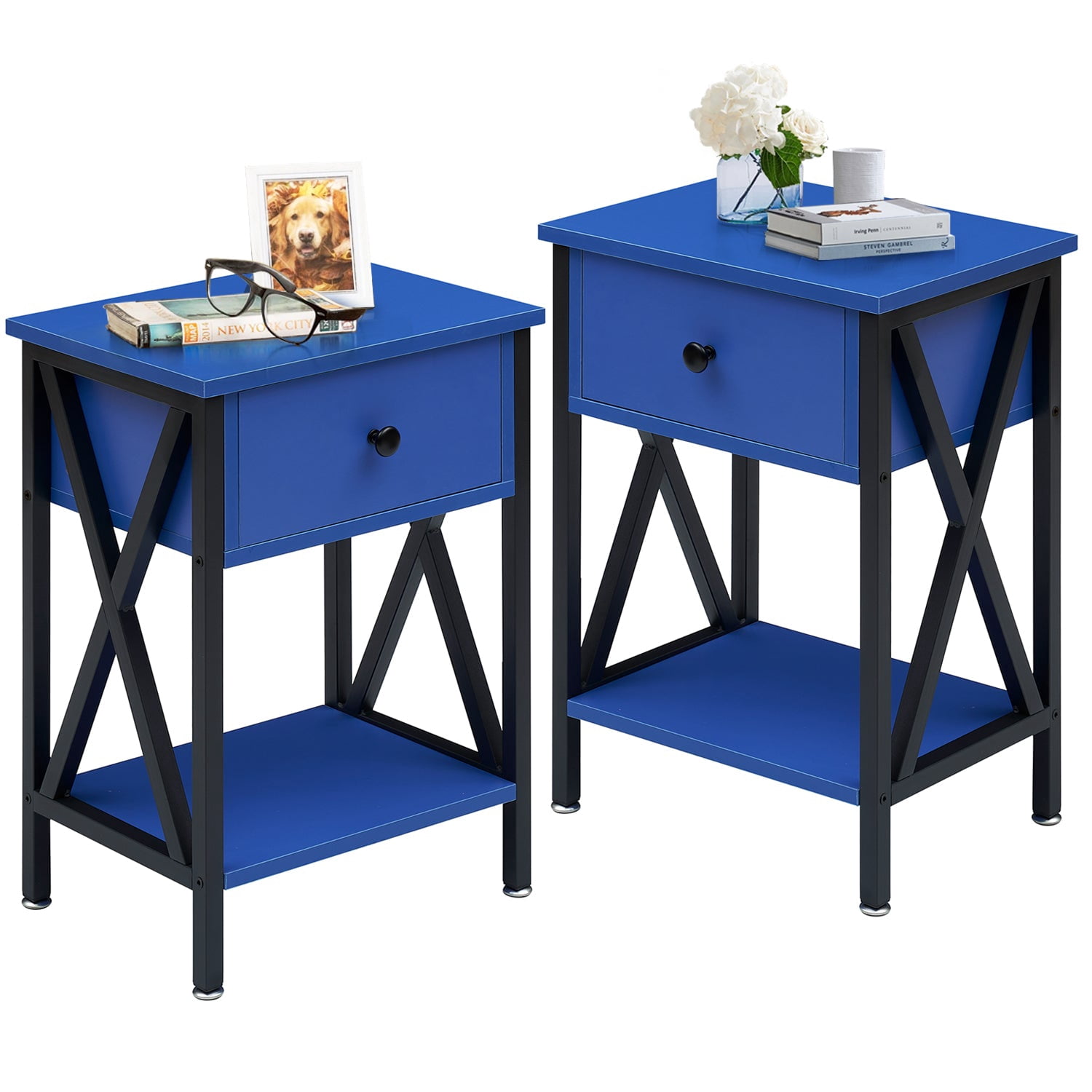 VECELO Industrial Nightstand, Set of 2, Dark Blue