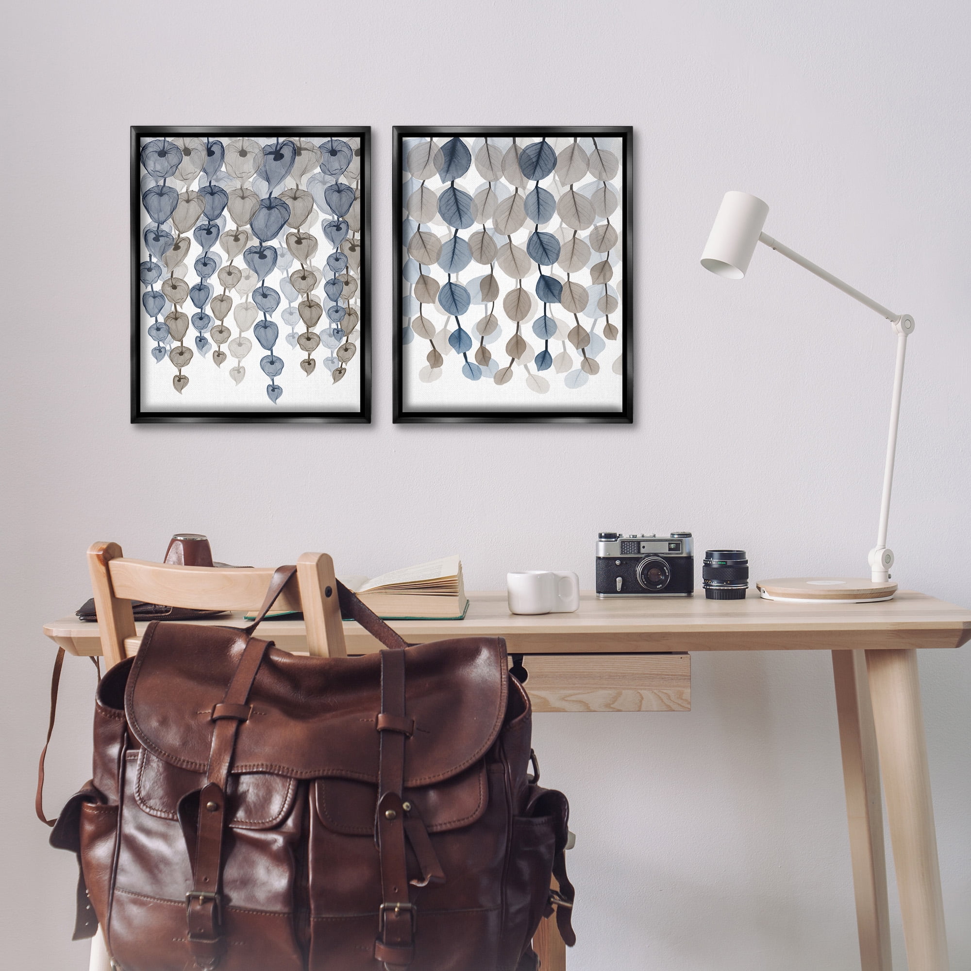 Stupell Industries Falling Vines Neutral Leaves Abstract Painting Black Floater Framed Canvas Art Print Wall Art, 17 x 21, Set of 2