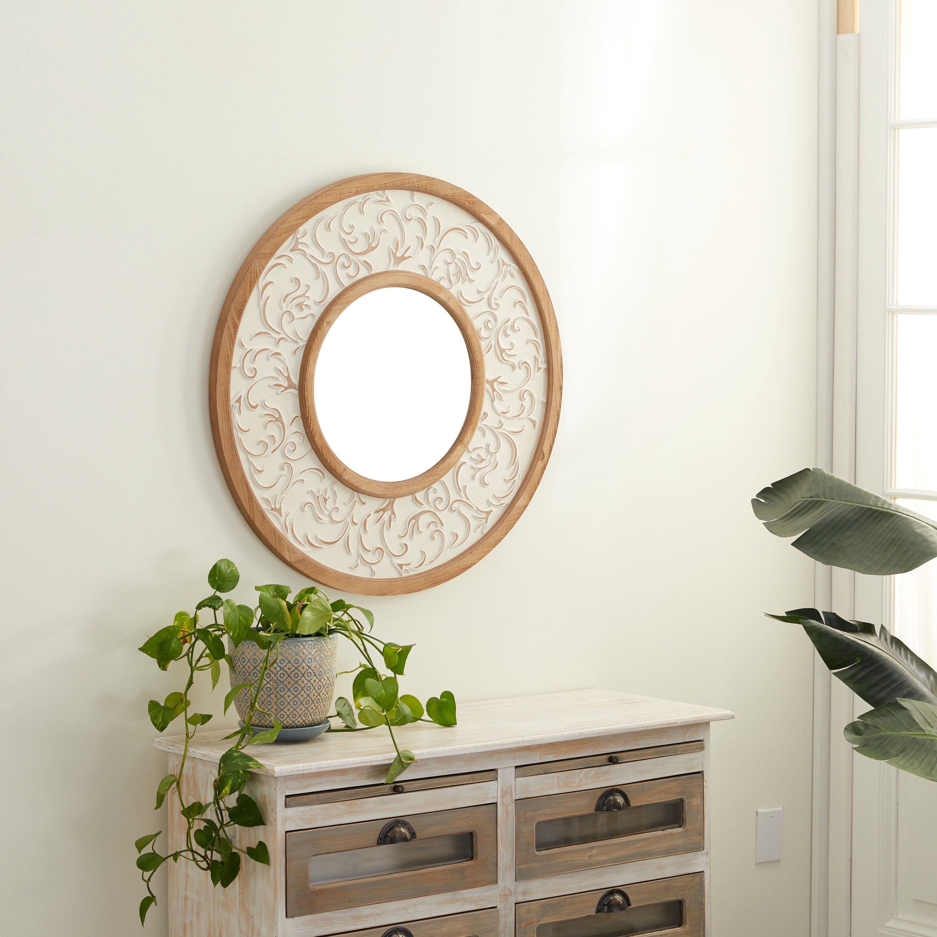 DecMode 32"W, 32"H Round Wall Mirror, White