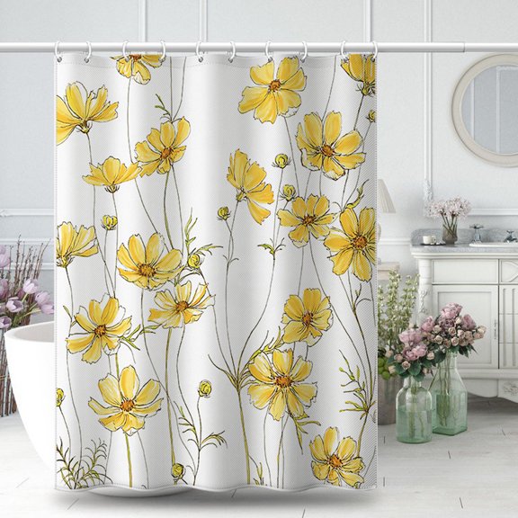 Shower Curtain 79"x71" Polyester Fabric Yellow Flowers Bathroom Decor Liner Machine Washable