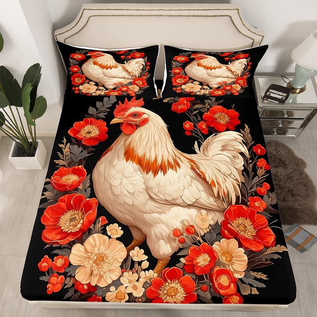 YST Ensemble de Literie Rustique Coq pour Enfants Ados Animaux de Ferme Draps de Lit Format Double Style Ferme Campagnard Drap-Housse Rétro Chic Fleurs Draps