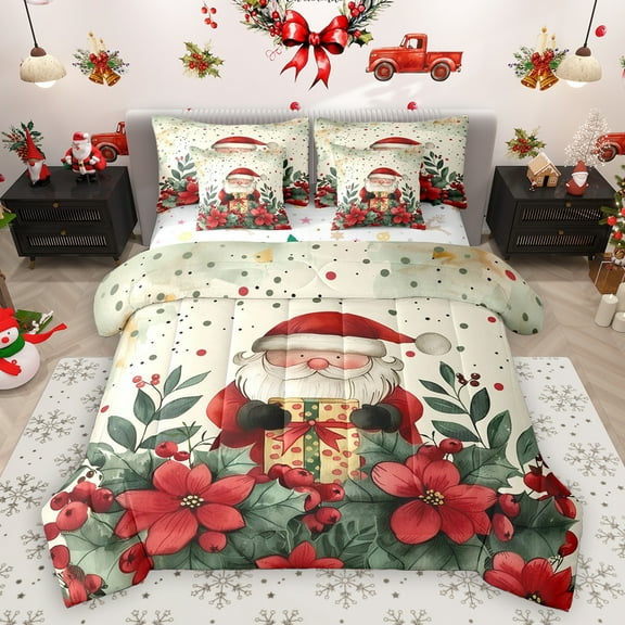 Homewish Retro Santa Claus 7-Piece Twin Bedding Sets,Red Xmas Berry Bedding Comforter Set,Green Christmas Flower Sheet Sets For Girl Boy,Breathable Home Decor Reversible