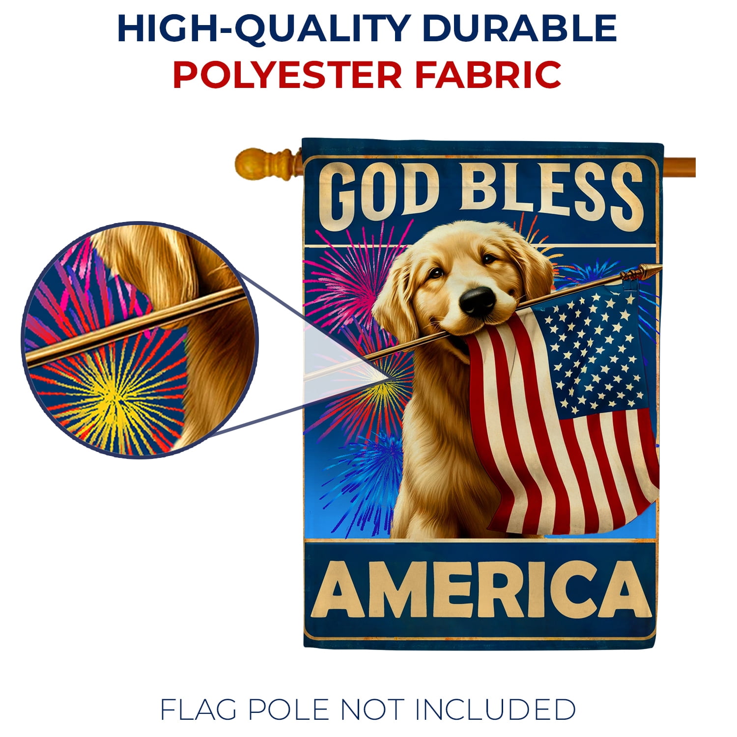 America Forever God Bless America Dog House Flag, 28 x 40 inch Double Sided, 4th of July Golden Retriever, Fourth of July Memorial Independence Day House Flag Outdoor Yard Decor