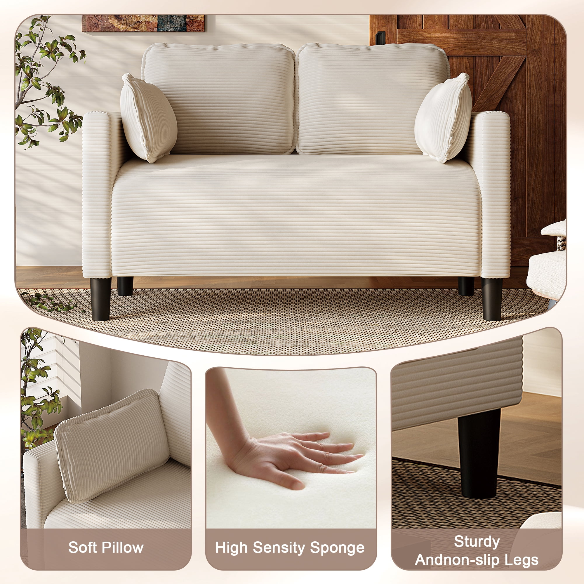 Loveseat Couch, 48 Inch Sofa, Corduroy Sofa with Convenient Side Storage Pocket, Composite Board and Solid Wood Frame, for Apartment Dorm Office, Beige