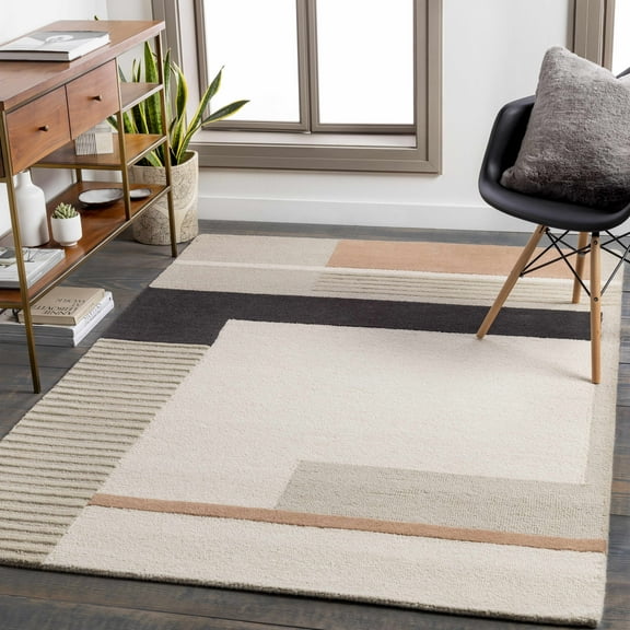 Hauteloom Gungahlin Wool Living Room, Bedroom Area Rug - Contemporary - Beige, Black, Tan - 2' x 3'