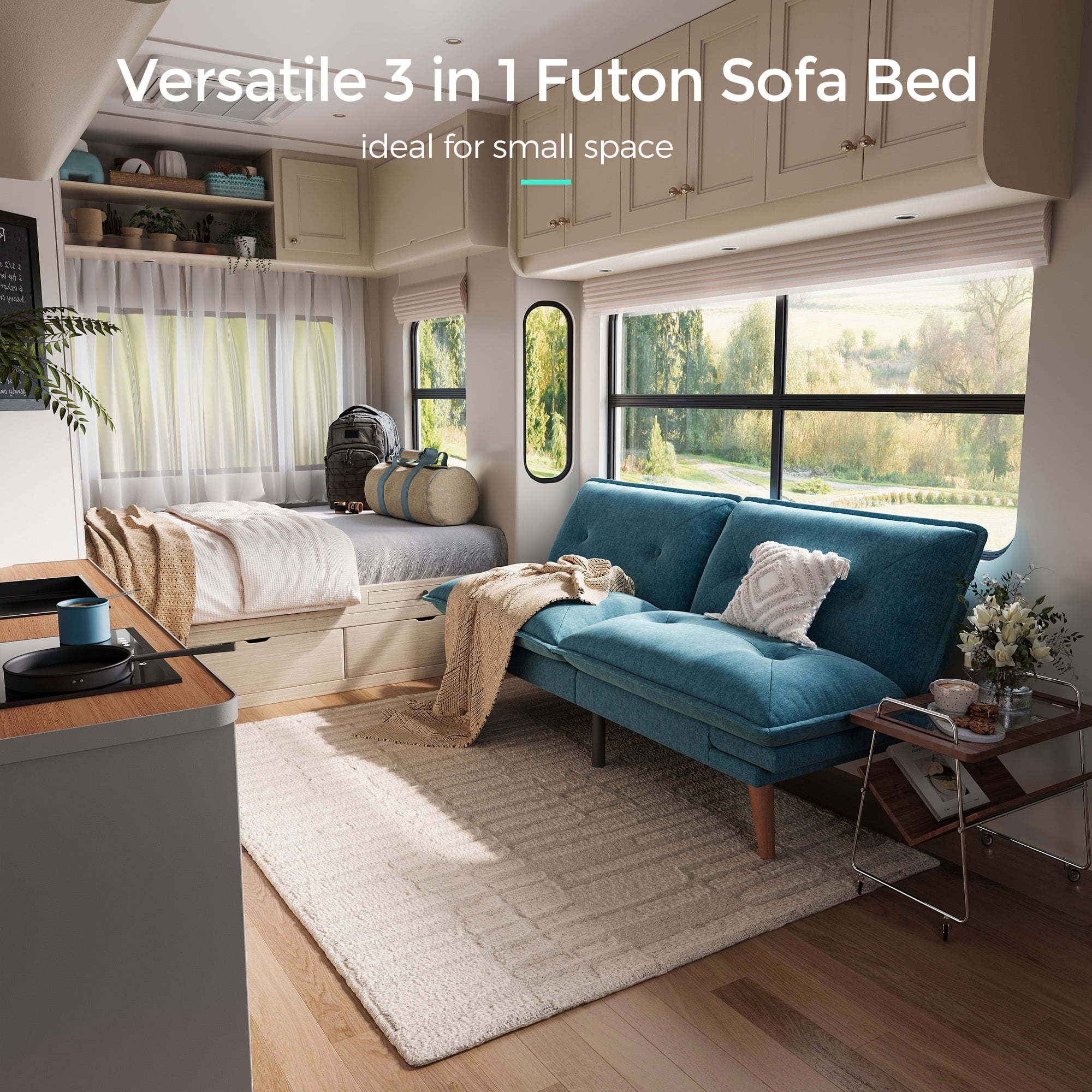 LINSY HOME Futon Sofa, Modern Sofa  Bed with Adjustable Armrests for Small Place and Apartment, Blue