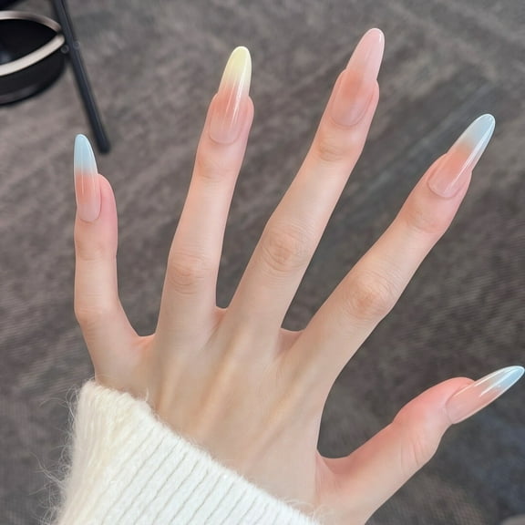 10Pcs Long Almond False Press on Nails Fingertip Rainbow Candy Color Fake Nails