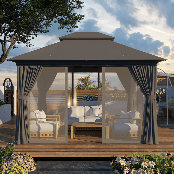 Sunmthink Outdoor Gazebo for Patio 10x12, Metal Frame Canopy with Double Roofs, Heavy Duty Party Tent and Shelter with Mosquito Netting and Privacy Screen for Backyard,Garden,Deck (Gray)