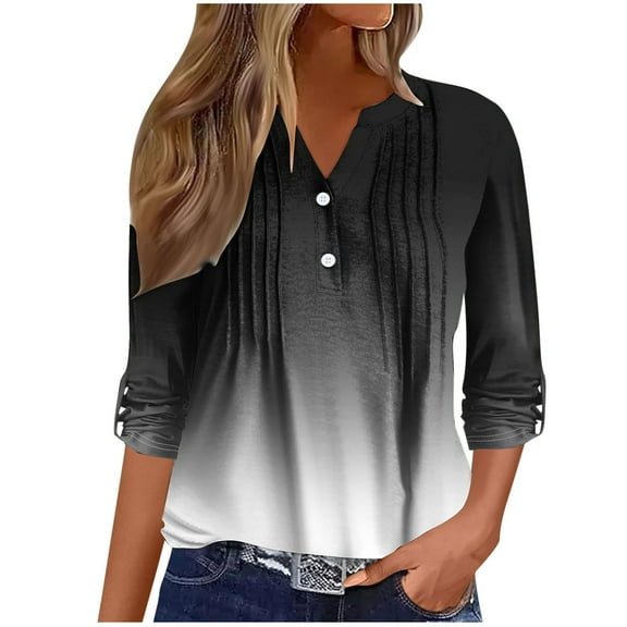 Scyoekwg Womens Long Sleeve Shirts V-Neck Button Roll Up Sleeve Pleated Shirts Loose Dressy Casual Blouses Fashion Vintage Fall Clothes Gradient Color Graphic Tops Pullover Tops(Black,XXL)