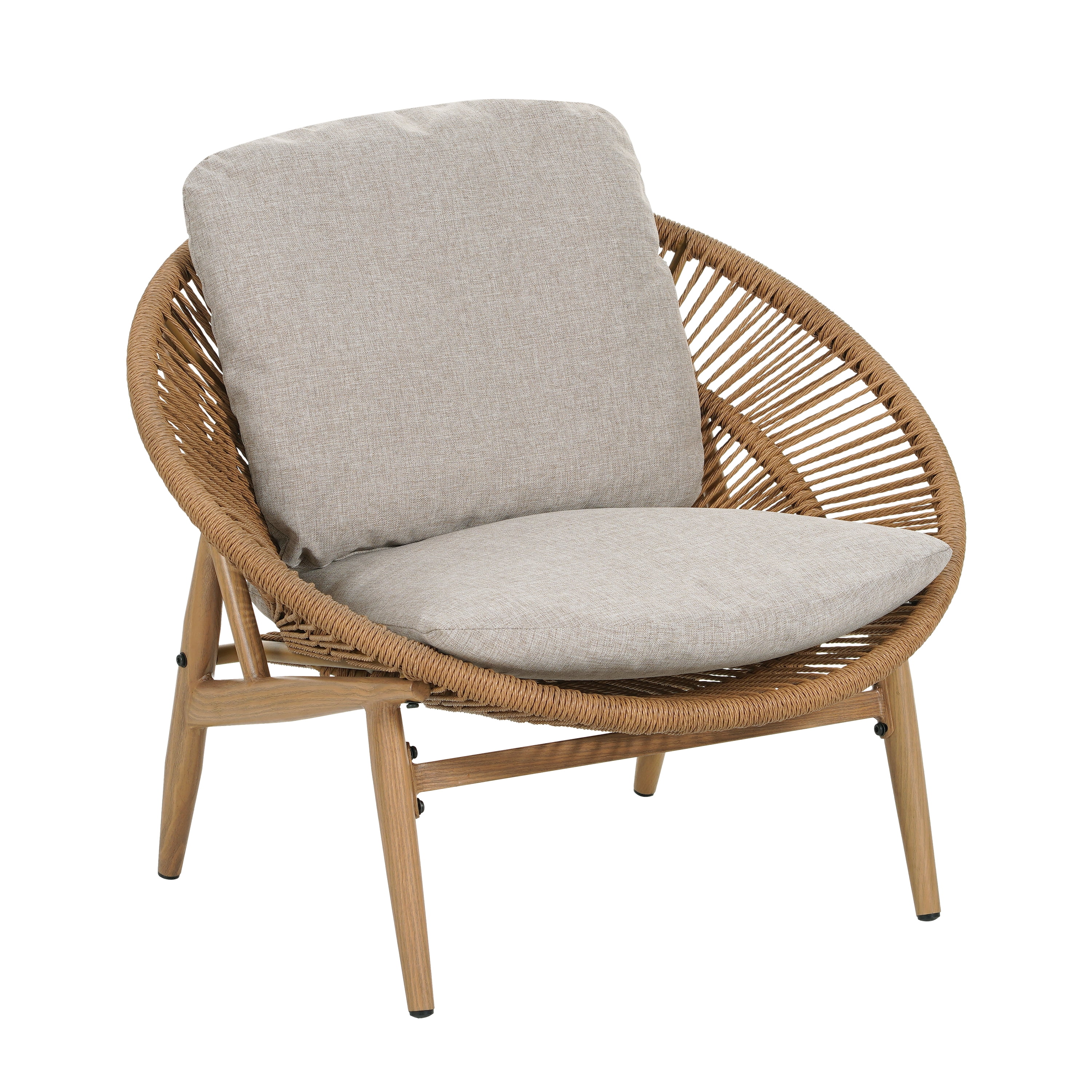 Outdoor Wicker Papasan Style Lounge Chair Light Brown Wicker with Beige Cushion for Patio, Light Brown