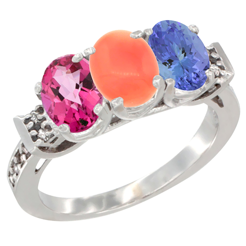 10K White Gold Natural Pink Topaz, Coral & Tanzanite Ring 3-Stone Oval 7x5 mm Diamond Accent, sizes 5 10 by WorldJewels