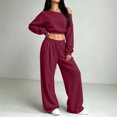thumbnail image 6 of BRELIL Women's Two Piece Outfits Sets Long Sleeve Crop Top Wide Leg Elastic Waist Pants Casual Lounge Matching Tracksuit Fall Travel Vacation Loungewear, Wine M, 6 of 7