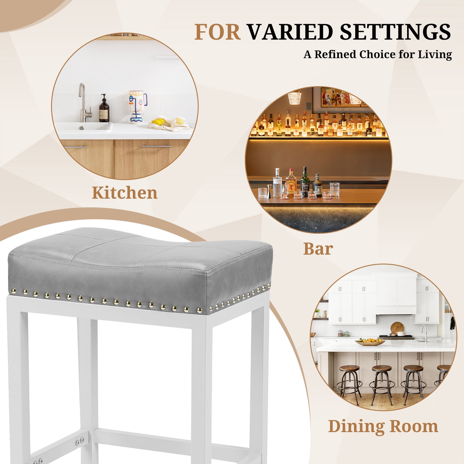 Sybels 24" Saddle Bar Stools (Set of 2) - PU Leather Counter Stools with Footrest for Kitchen Island, Cafe，Gray