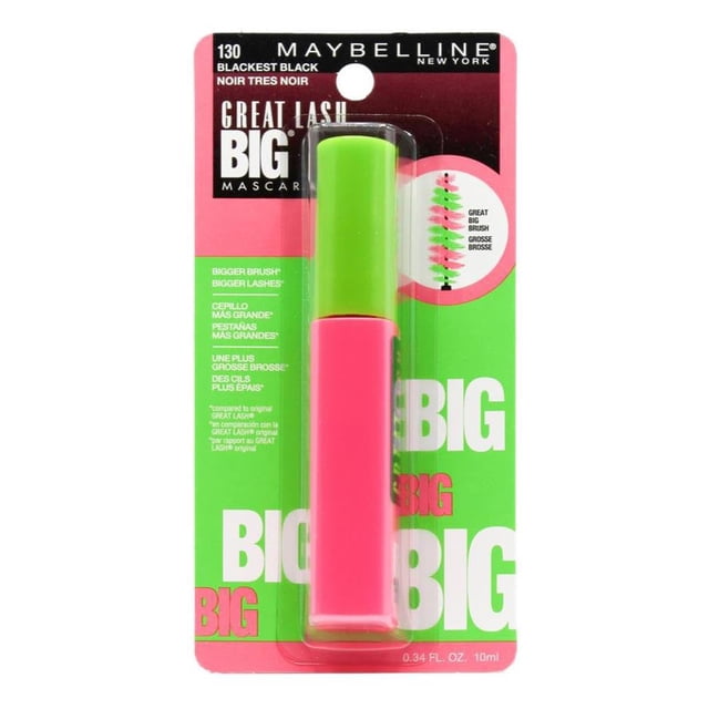 Máscara de pestañas lavable Great Lash Big de Maybelline New York, Blackest Black 130, 0.34 onzas líquidas