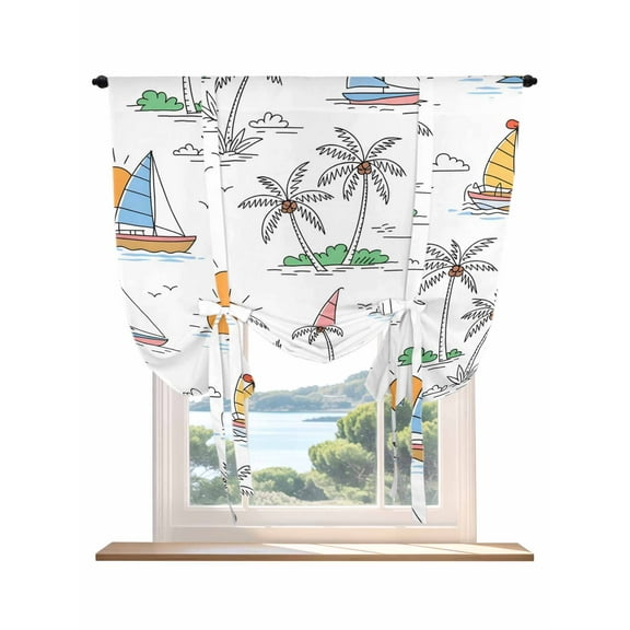 Tropical Plants Tie Up Curtains for Windows 45 Inch Length Balloon Curtains Kitchen Adjustable Balloon Window Shade Cartoon Summer Palm Tree Sun Ship Funny Tie Up Bathroom Curtain Window 52"x45"
