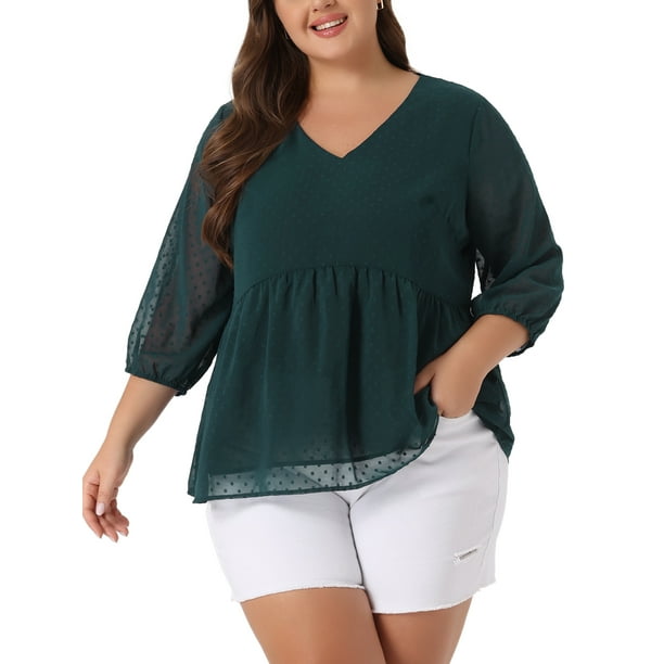 Blusas de gasa de manga larga para mujer plus size GRACE & GRANDEUR con puntos suizos de oto?o 2X verde oscuro