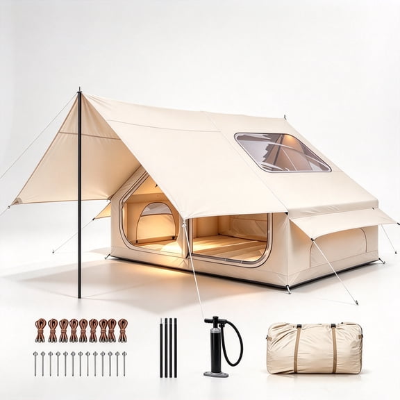 Inflatable Tents for Camping with Skylight, 3-4 Person Air Glamping Tent with Pump, Detachable Porch, Zippered Doors & Mesh Windows, 4 Seasons, Easy Setup Blow Up Tent for Picnicking, Beach