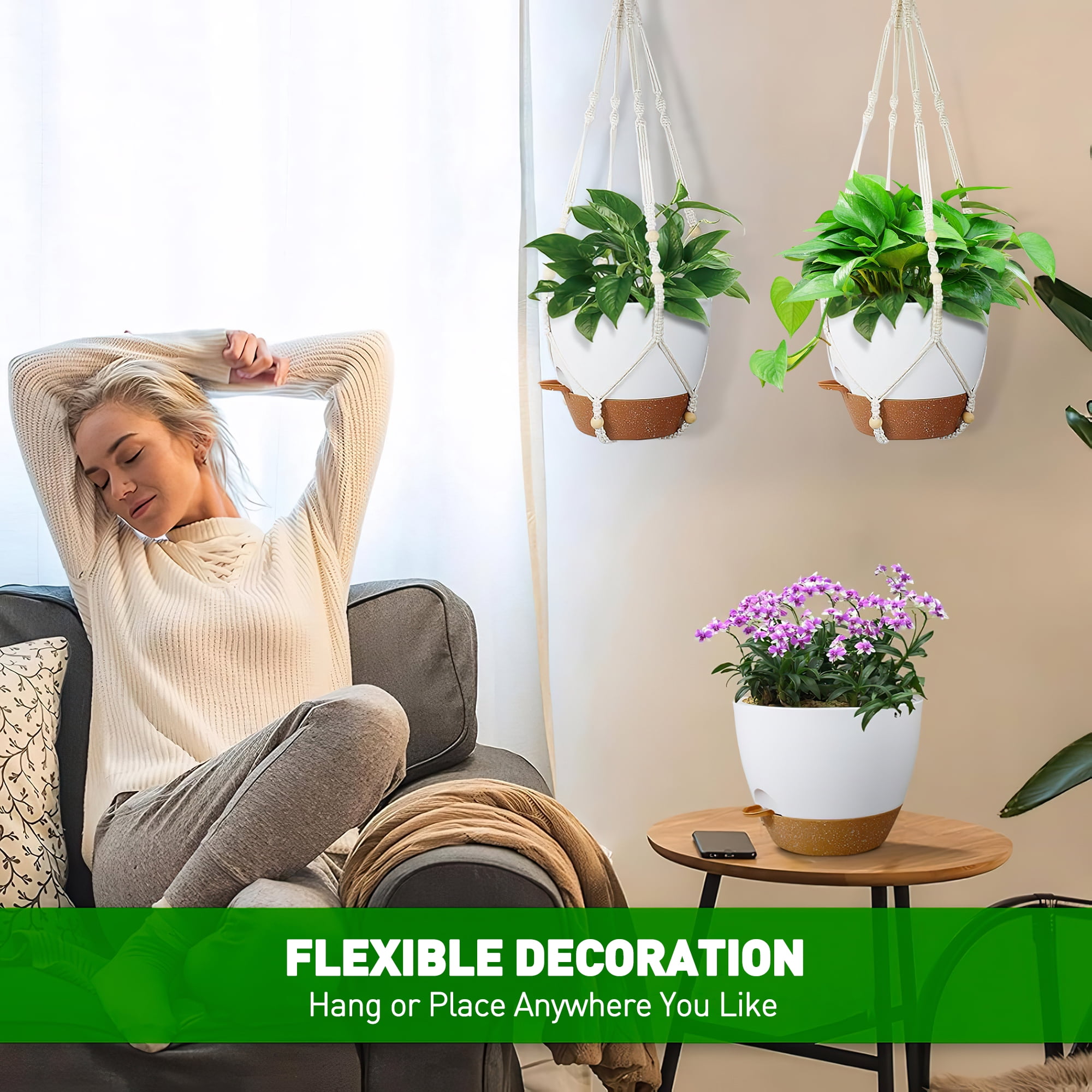 3-Pack Self Watering Hanging Plant Pots with Macrame Hangers, Plastic Planters with Drainage Holes and Saucers, Indoor Outdoor Flower Pots, Includes 3 Ceiling Hooks, 7"/6"/5.5" (White)